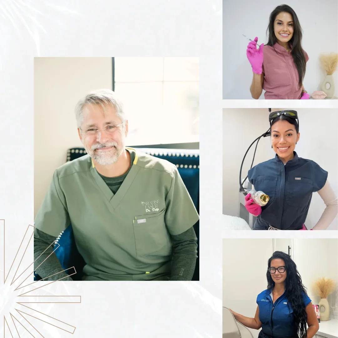 Four team portraits in clinical clothing, presented together by Paradise Laser Delray.