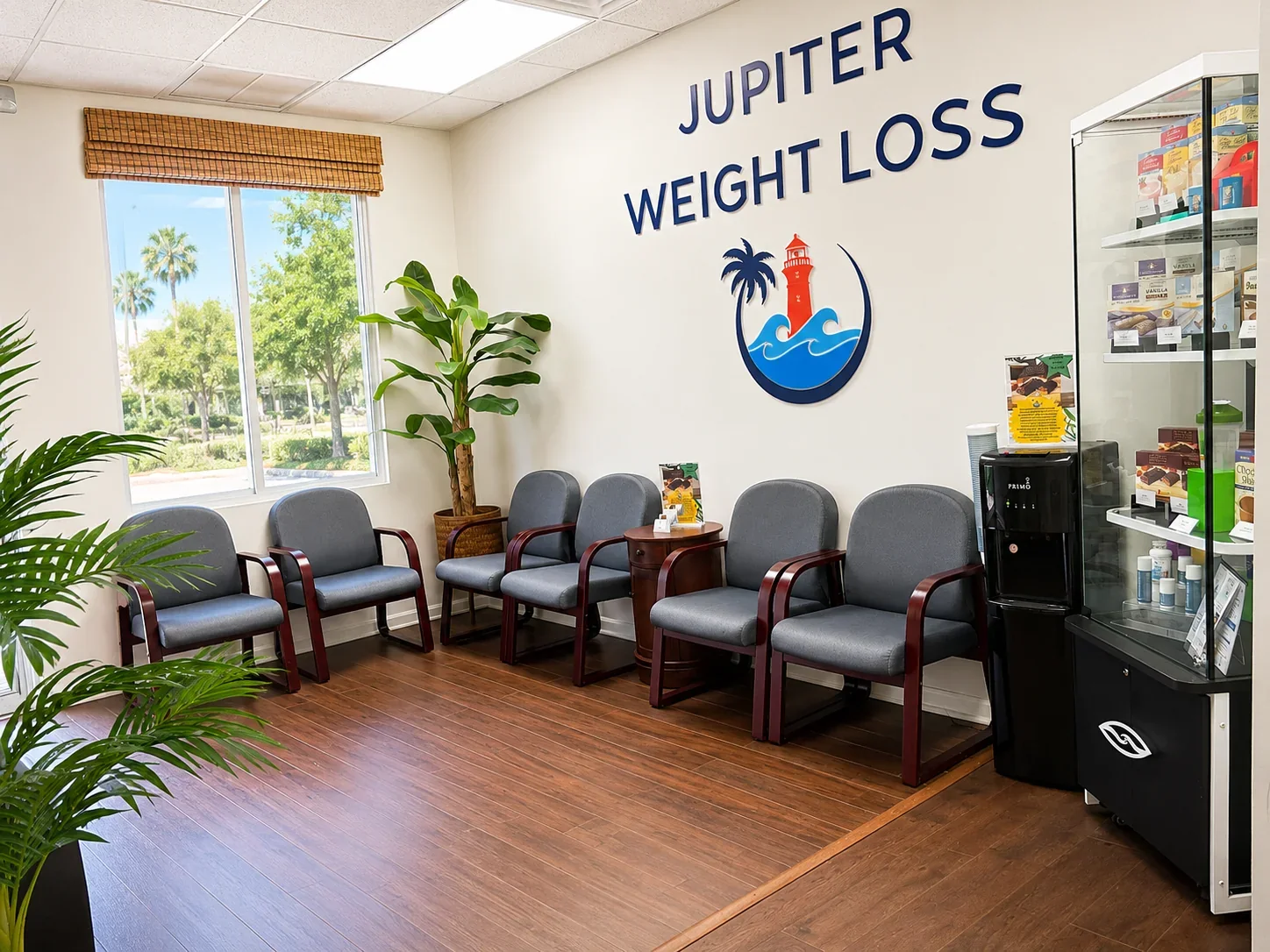 Gray waiting chairs beneath Jupiter Weight Loss wall signage beside a window.