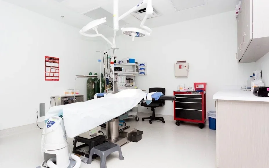 Empty white clinical room with covered procedure table, ceiling lights and equipment.