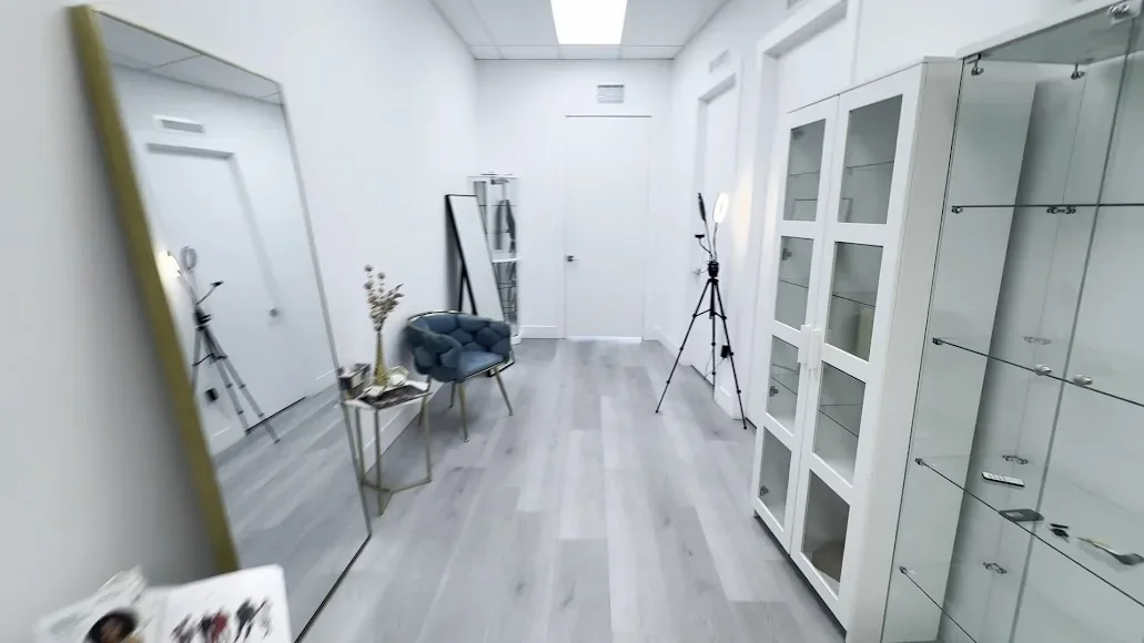 Beauty Medical Clinic & Spa interior hallway and display cabinets.