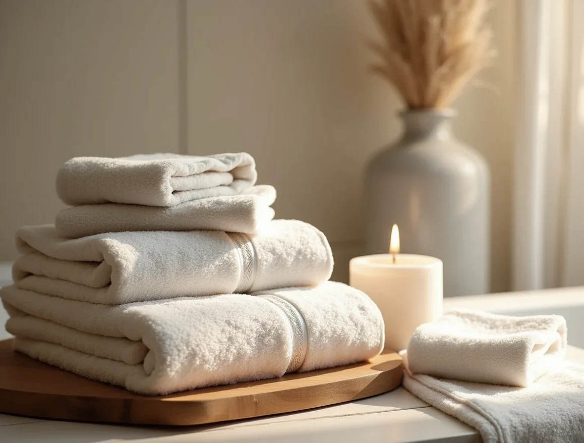 Folded towels beside a candle and vase in an illustration published by Elina Organics