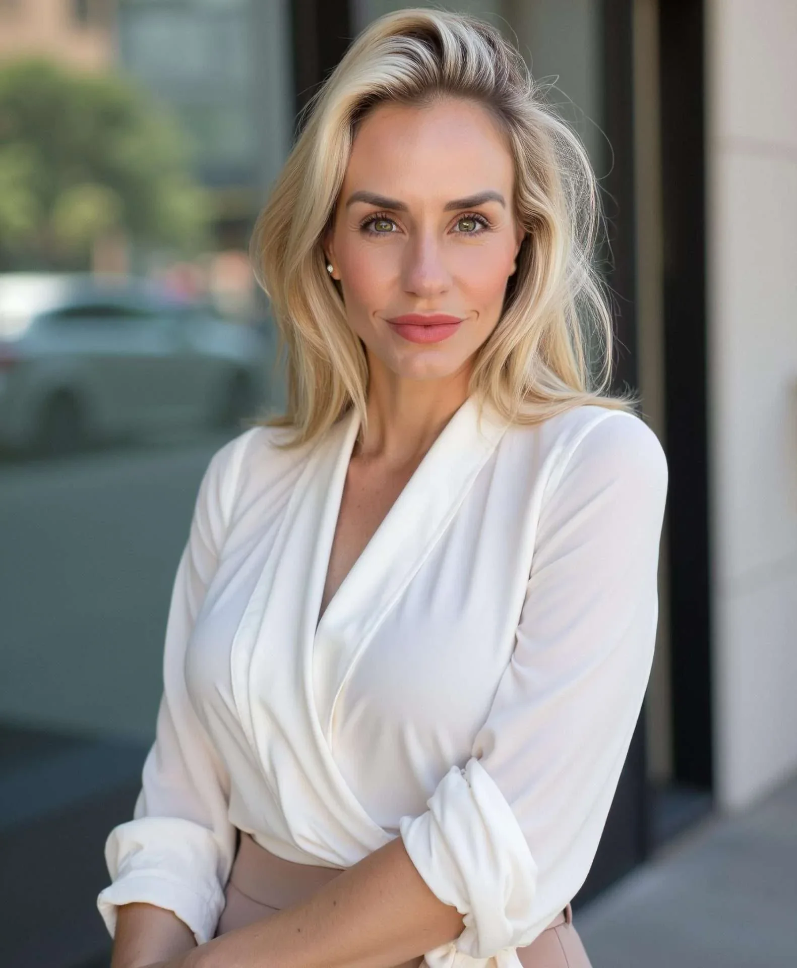 Professional portrait of ReSpa founder Renata Bauer-Saville in a white blouse.